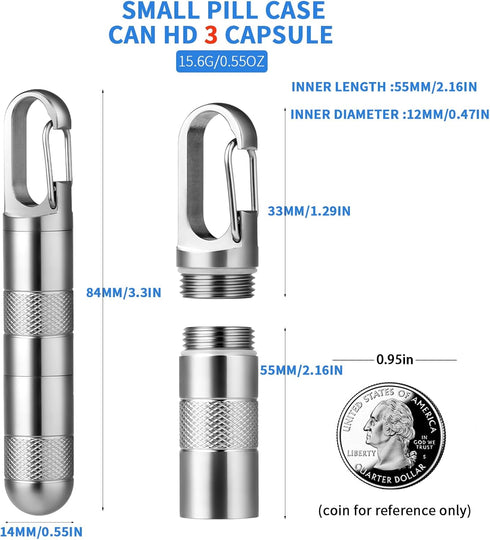 Small Titanium Pill Case, TISUR Keychain Pill Holder, Portable Waterproof Metal Pill Organizer (Gray Titanium Medium -