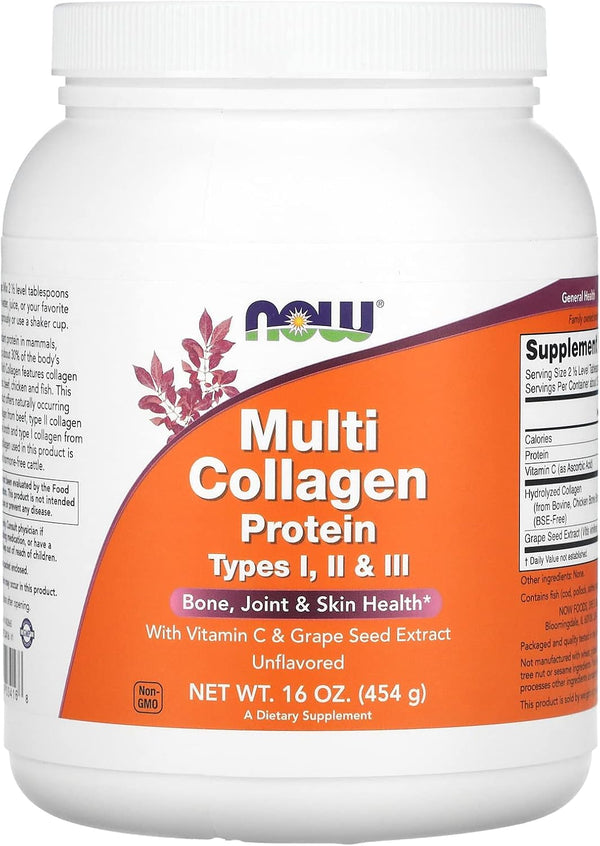 NOW Supplements Multi Collagen Protein - 16 oz Powder - Types I, II & III for Bone, Joint, and Skin Health