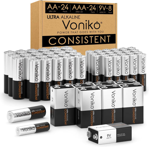 Voniko 56 Counts Alkaline Batteries Combo Pack, 24 Counts AA Batteries, 24 Counts