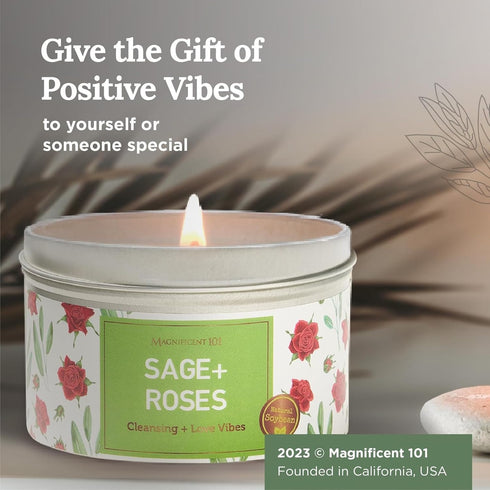 MAGNIFICENT 101 Sage & Roses Aromatherapy Candle for Space Cleansing - 6 oz Soy Wax - Long-Lasting Fragrance &