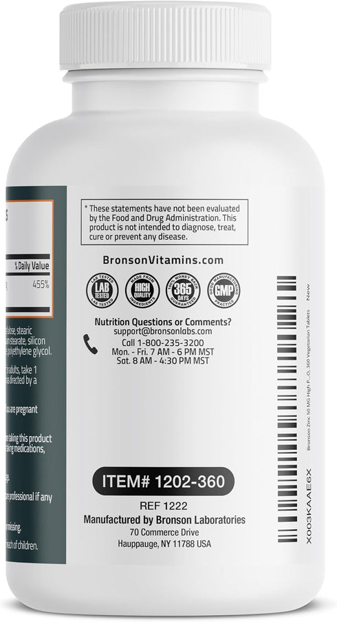 Bronson Zinc 50 MG High Potency, One Year Supply, Supports Immune, Antioxidant & Skin Health, Non-GMO, 360 Tablets