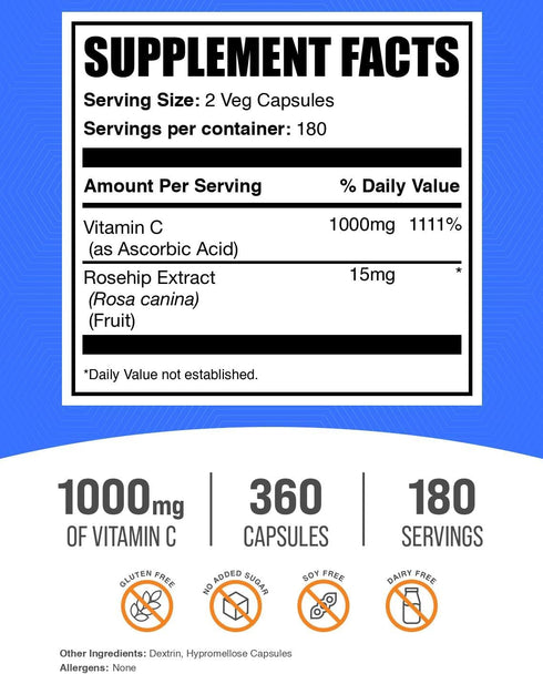 Immune 2 (1000mg), 360 Count (Pack 1) BulkSupplements.com Vitamin C with Rose HIPS Capsules - Ascorbic Acid Supplemnet