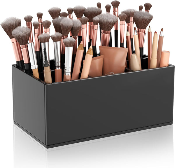 HIIMIEI Black Makeup Brush Holder - Acrylic Organizer with 6 Slots for Vanity Countertop Storage