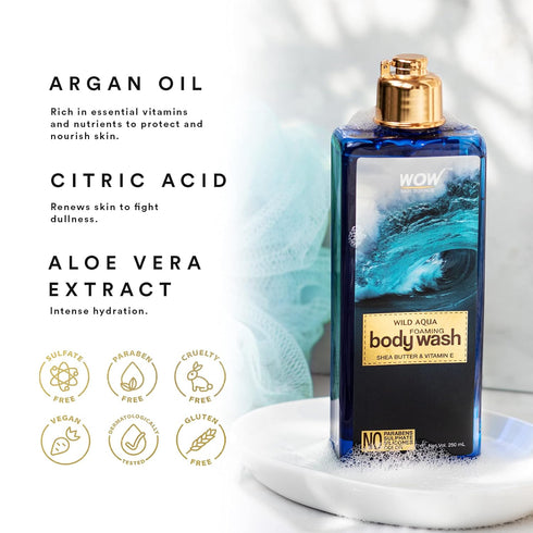 WOW Skin Science Wild Aqua Foaming Body Wash, Vitamin E Body Wash for All Skin Types, 250ml