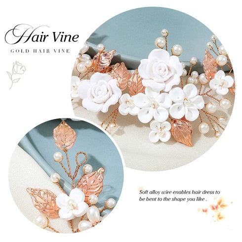 Unicra Rose Gold Flower Bride Wedding Hair Vine Pearl Bridal Hair Piece Leaf Accessories Rhinestone Headband