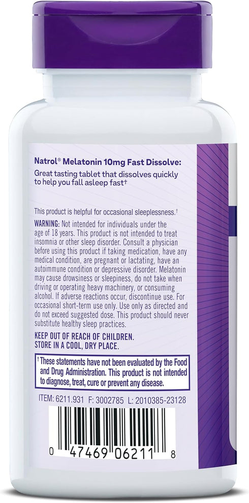 Natrol Melatonin 10mg, Strawberry-Flavored Sleep Support Supplement, 60 Fast-Dissolve Tablets