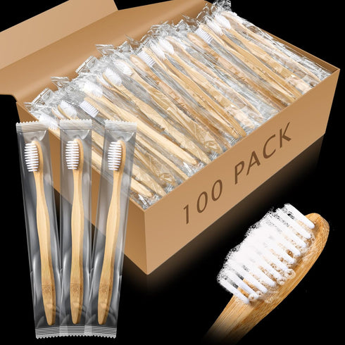 100 Packs Prepasted Disposable Toothbrush, Bamboo Handles, Individually Wrapped, Homeless Gift Set