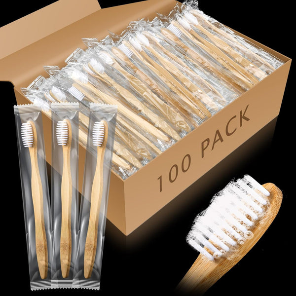 100 Packs Prepasted Disposable Toothbrush, Bamboo Handles, Individually Wrapped, Homeless Gift Set