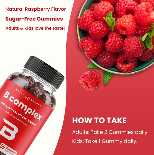 Vitamin B Complex Gummies for Women, Men & Kids, Boosts Energy & Metabolism, B Vitamins B1, B2, B3, B5, B6, B7, B9, B12