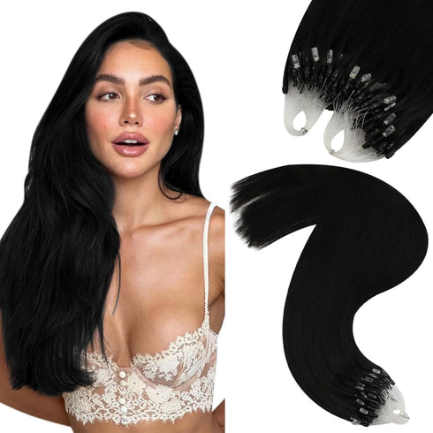 YoungSee Micro Bead Hair Extensions, Real Human Hair Black Microlink Extensions, Jet Black Micro Ring, 16 Inch, 50s/50g