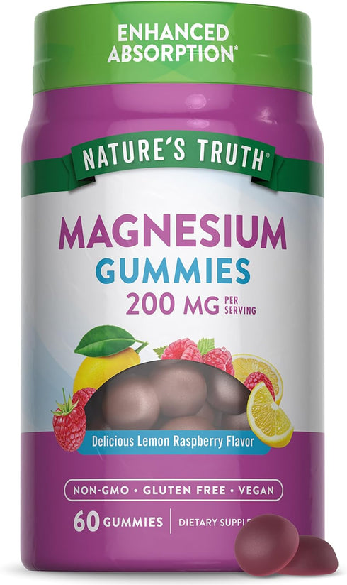 Nature's Truth Magnesium Gummies, 200mg, 60 Count, Vegan, Non-GMO, Gluten Free, Enhanced Absorption Magnesium Citrate