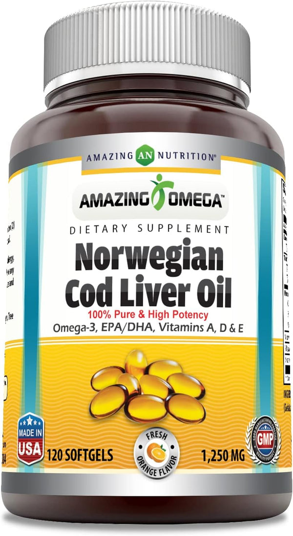 Amazing Omega Norwegian Cod Liver Oil, 1250 mg, 120 Softgels Supplement in Fresh Orange Flavor