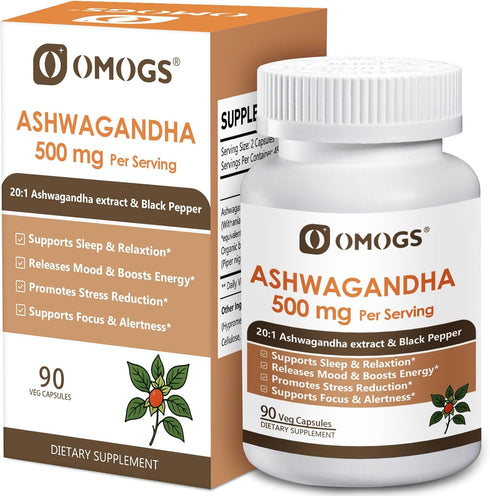 OMOGS Organic Ashwagandha, Pure Herb Extract, Added Black Pepper, High Absorption, for