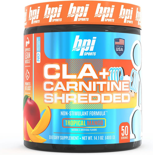 BPI Sports CLA + Carnitine Shredded, Supports Lean Muscle & Fat Loss - Tropical Mango (14.1 oz. / 50 Servings)