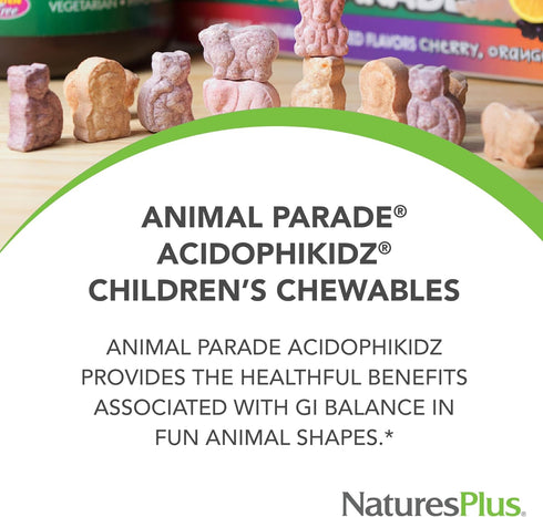 Natures Plus Animal Parade AcidophiKidz, Berry Flavor - 90 Chewable Tablets with Probiotics, FOS & Grape Seed