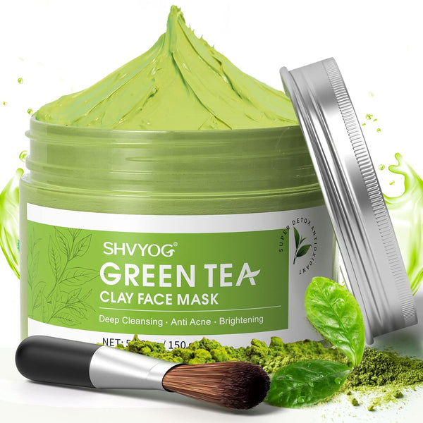 SHVYOG Green Tea Face Mask, Antioxidant Clay Mask with Volcanic Mud for Deep Cleansing & Hydrating