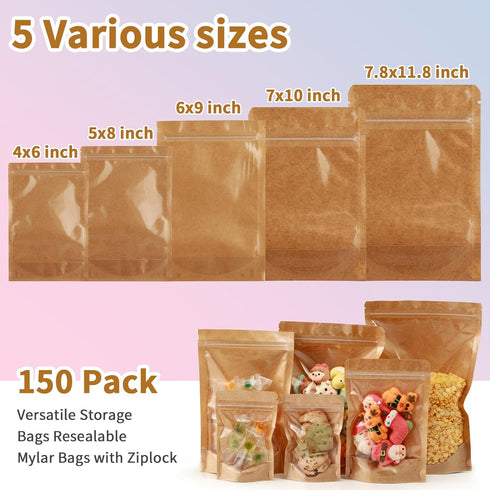 150-Pack Kraft Paper Bags, 6" x 9" Reclosable Small Stand Up Mylar Bags for Food Storage, Resealable Zip Lock