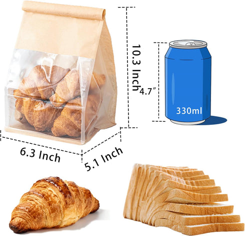 Roppolo 100 6.3 5.1 10.3 Inch Packaging Pcs Bread Bags for Homemade Breads with Window, x x Tin Tie Tab Lock Resealable