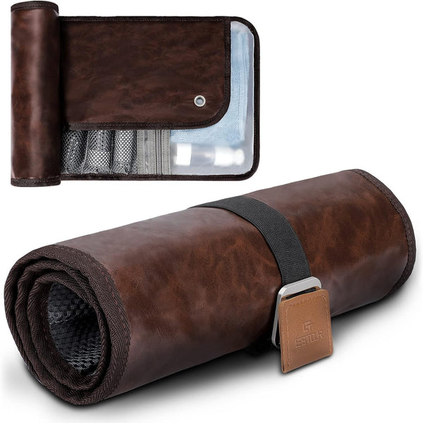 Toiletry Bag for Men - Water-Resistant Compact Travel Organizer for Hygiene, Shaving Kit, Chic Brown (PU Leather)