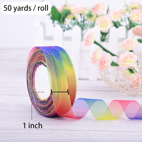 Rainbow Sheer Organza Chiffon Ribbon, 50 Yards (1 Inch) for Gift Wrapping, Crafts & Party Decoration