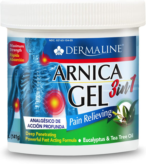 DERMALINE Arnica 3 in 1 Gel, Eucalyptus, Tea Tree Oil, Vitamin E for Fast Acting Pain Relief