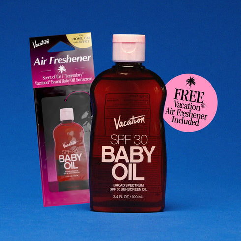 Vacation Baby Oil SPF 30 + Air Freshener Bundle, Broad Spectrum SPF 30 Sunscreen Oil, Travel Size, 3.4 fl. oz.