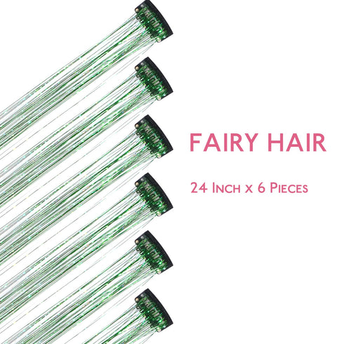 WENNALIFE Hair Tinsel Clip In for Girls, 6pcs 24 Inch Colorful Glitter Tinsel Hair Extensions