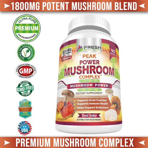 FRESH HEALTHCARE Mushroom Supplement, Lions Mane, Cordyceps, Reishi, Turkey Tail, 90 Vegan Capsules