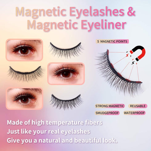 Natural Magnetic Eyelashes with Eyeliner, 3 Pairs 3D Short False Lashes Kit - No Glue Needed