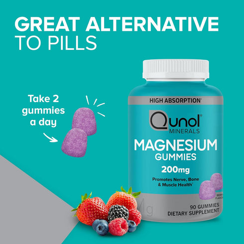 Qunol Magnesium Gummies for Adults, 200mg Magnesium Citrate, 90 Count, Supports Nerve and Bone Health