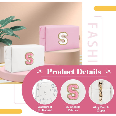 Personalized Makeup Bag with Initial A-Z, Small PU Leather Travel Cosmetic Pouch, White Toiletry Bag for Teen Girls