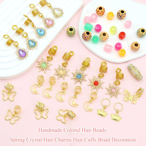 NAISKA 148Pcs Gold Hair Jewelry for Braids Colorful Crystal Stone Loc Dreadlocks Braid Accessories Butterfly Star Pendant Hair Beads Hair Rings Cuffs for Women Girls Hairstyle Decoration
