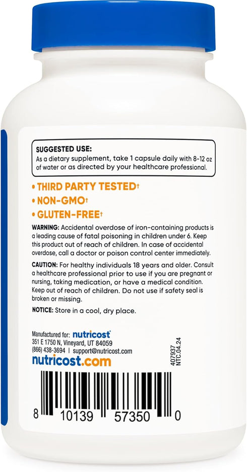 Nutricost Chelated Iron 18mg from Ferrochel, 240 Capsules, Gluten Free, Non-GMO