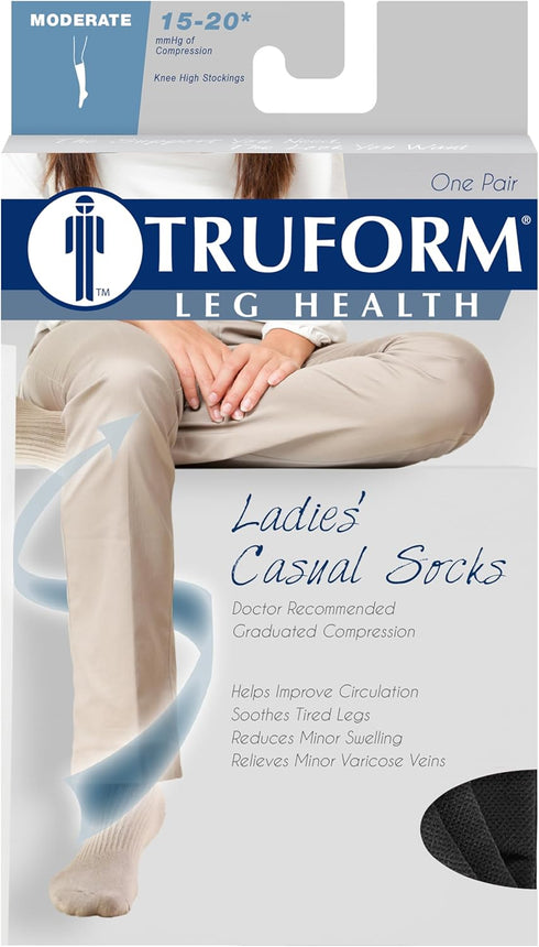 Truform Compression Socks, 15-20 mmHg, Ladies Gym Socks, Knee High, Black, Large