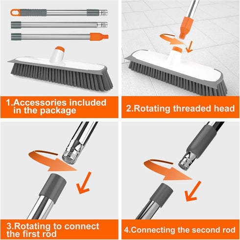 BITOPE Multi Purpose Floor Scrubber Brush with Long Handle, 12" Hard Bristle Brush for Heavy-Duty Cleaning