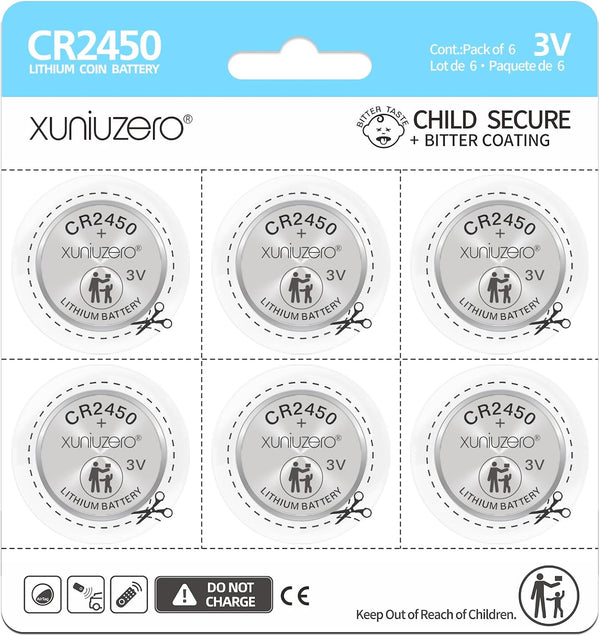 XUNIUZERO 6-Pack CR2450 Lithium Coin Cell Battery, 3 Volt, Long Lasting Power, Mercury-Free,