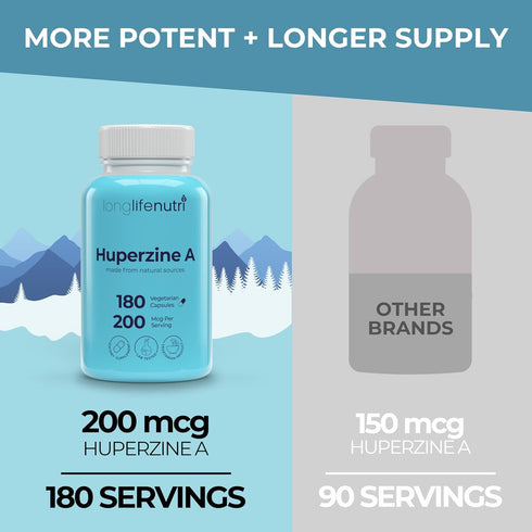 Huperzine A 200mcg, from Huperzia Serrata Leaf, 180 Vegetarian Capsules, Natural Brain Nootropic for Focus, Memory,