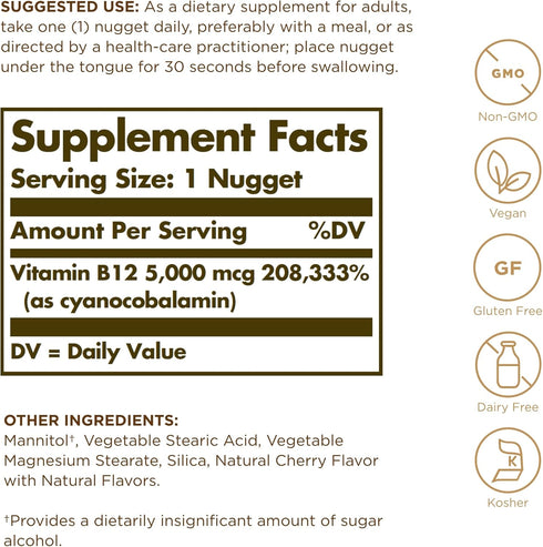 Solgar Vitamin B12 5000 mcg - 30 Nuggets - Promotes Nervous System Health - Non-GMO, Vegan, Gluten & Dairy Free - 30 Servings