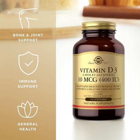 Solgar Vitamin D3 (Cholecalciferol) 10 mcg (400 IU) - 250 Softgels - Helps Maintain Healthy Bones & Teeth, Immune