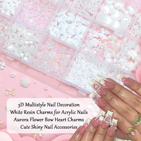 RODAKY 1000PCS White Nail Charms, 3D Bows Heart Butterfly Charms for Nail Art Decoration, DIY Accessories