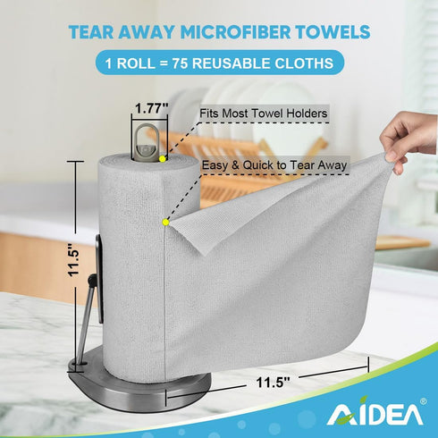 AIDEA Grey Microfiber Cleaning Cloth Roll | 75PK | Reusable Paper Towels, Washable Shop Rags