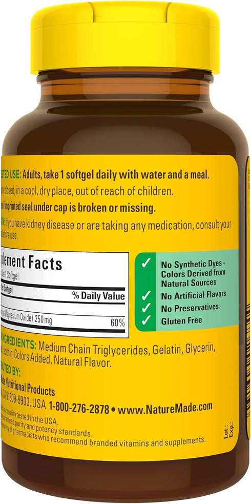 Nature Made Magnesium 250 mg Supplement for Muscle, Heart, Bone & Nerve Support | 90 Softgels, 90 Day Supply