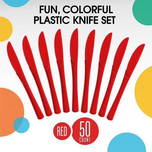 Exquisite Heavy Duty Red Plastic Knife, 50 Pcs BPA Free Disposable Cutlery for Parties