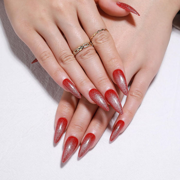 Red Cat Eye Press on Nails, Long Stiletto Glitter Fake Nails, Handmade Glossy Acrylic Full Cover 24Pcs