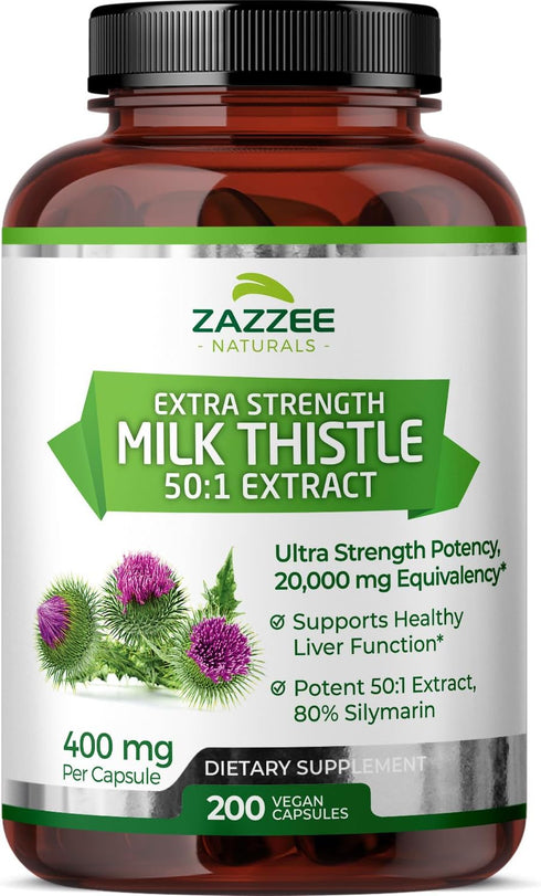 Zazzee Organic Milk Thistle 50:1 Extract, 20,000 mg Strength, 200 Vegan Capsules, 80% Silymarin Flavonoids, Non-GMO
