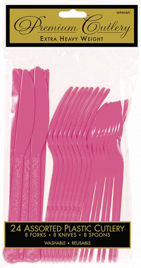 Premium Bright Pink Heavy Weight Assorted Plastic Cutlery Set - (24 Pc) - Elegant & Durable for Parties and Events by Amscan