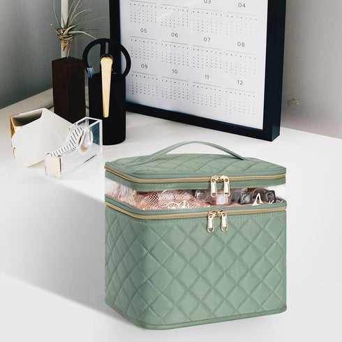OCHEAL Large Double Layer Makeup Bag, Vertical Storage Cosmetic Case for Women/Girls with Multiple Compartments-Green
