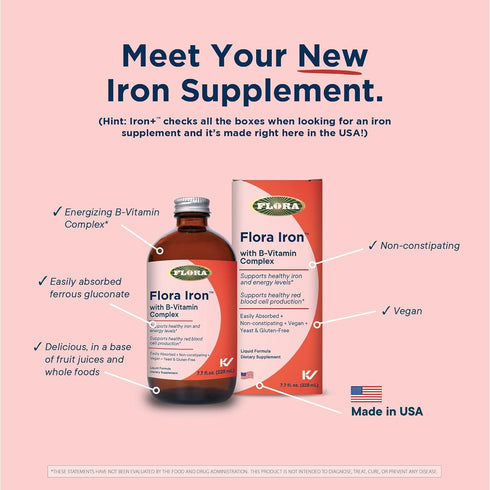 Flora Iron with B-Vitamin Complex - Non-Constipating Liquid Iron Supplement, 15-oz. Glass Bottle