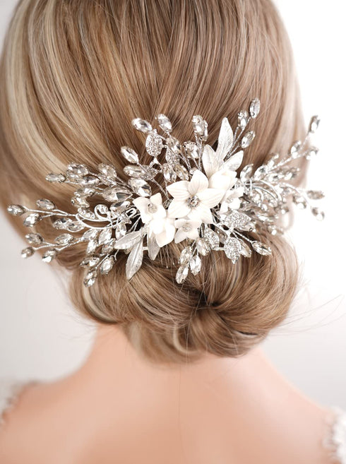 Missgrace Bridal Wedding Crystals Hair Comb, Handmade Flower Leaves Side Headpiece for Women (Silver)
