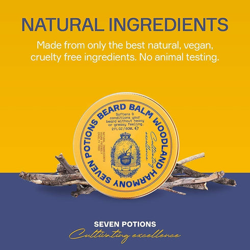 Seven Potions Beard Balm 2 oz. 100% Natural Softener with Jojoba Oil - Nourishes and Softens Beard (Woodland Harmony)